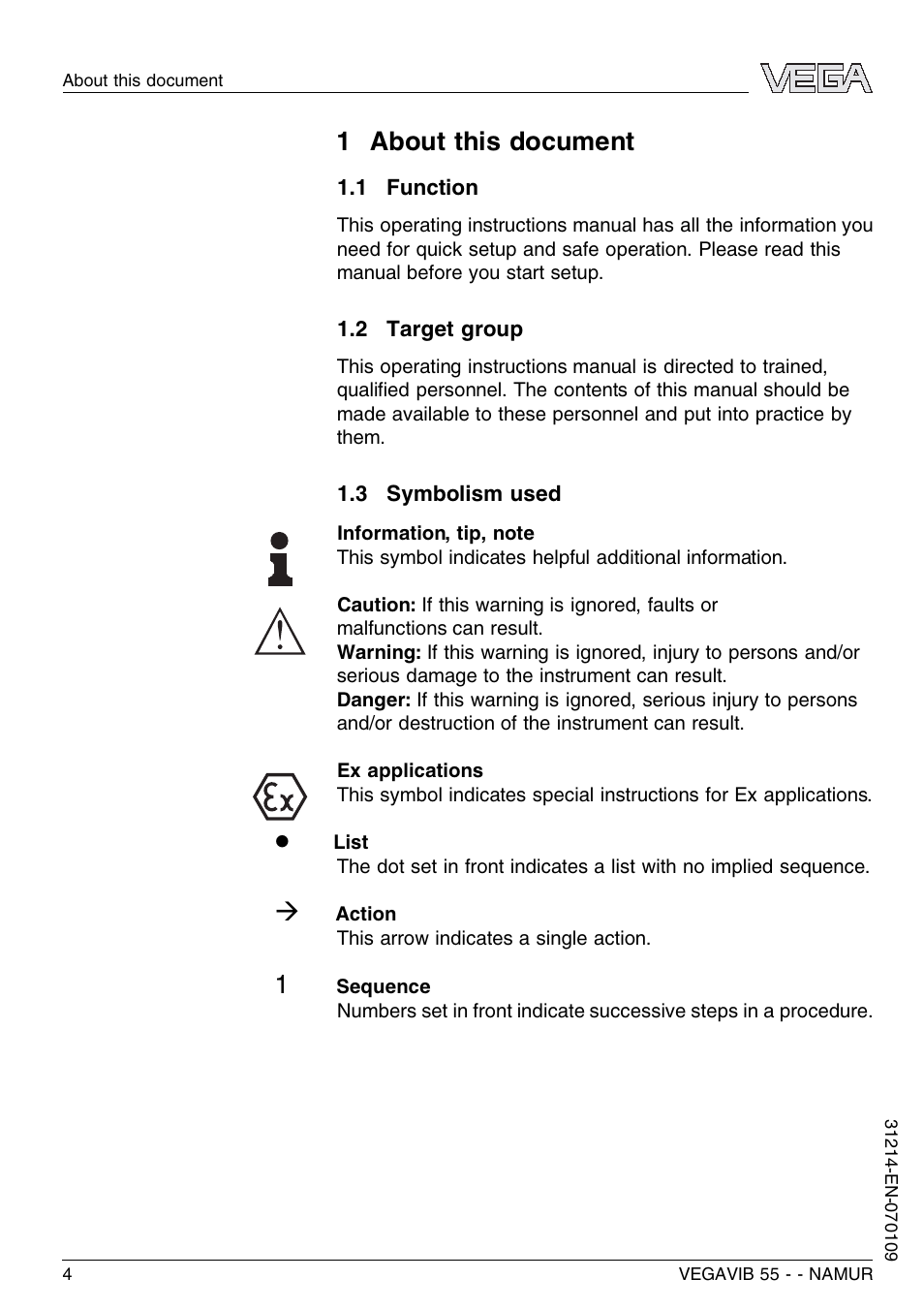 1 about this document, 1 function, 2 target group | 3 symbolism used | VEGA VEGAVIB 55 - NAMUR User Manual | Page 4 / 32