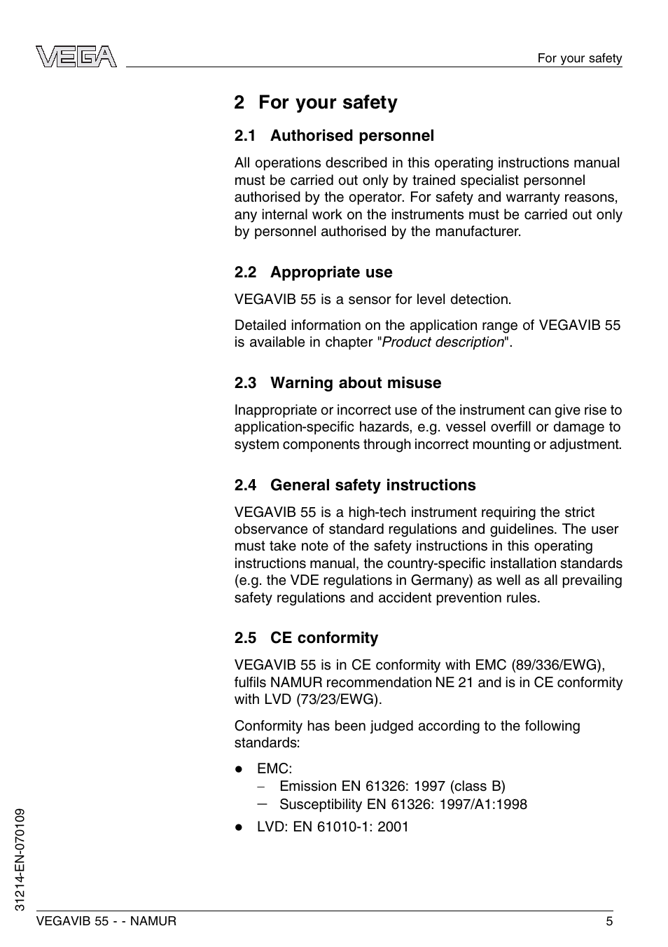 2 for your safety, 1 authorised personnel, 2 appropriate use | 3 warning about misuse, 4 general safety instructions, 5 ce conformity | VEGA VEGAVIB 55 - NAMUR User Manual | Page 5 / 32