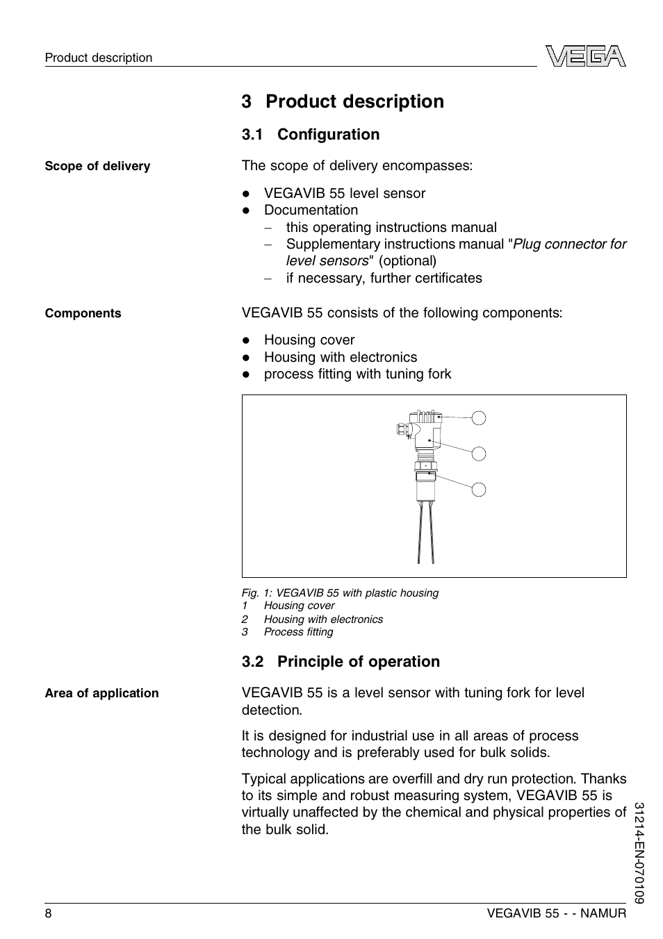 3 product description, 1 configuration, 2 principle of operation | VEGA VEGAVIB 55 - NAMUR User Manual | Page 8 / 32