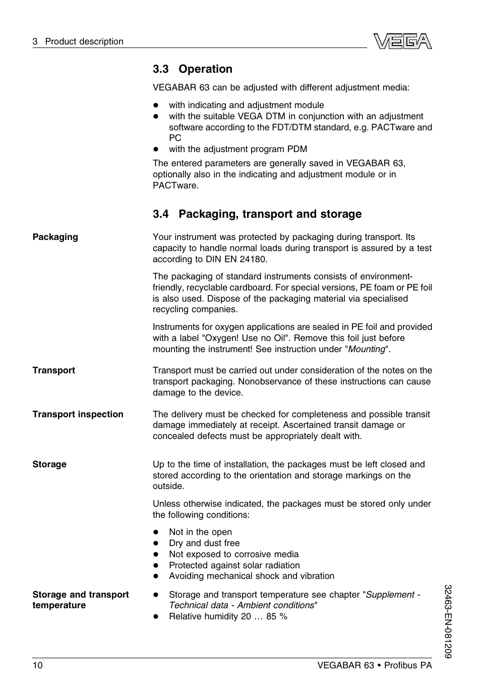 3 operation, 4 packaging, transport and storage | VEGA VEGABAR 63 Proﬁbus PA User Manual | Page 10 / 76