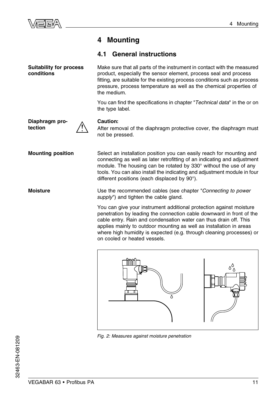 4 mounting, 1 general instructions | VEGA VEGABAR 63 Proﬁbus PA User Manual | Page 11 / 76