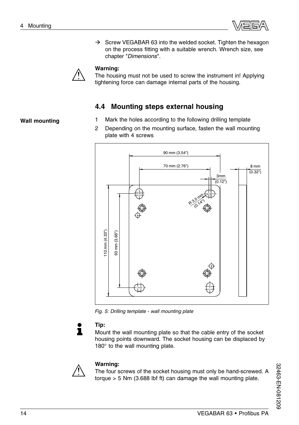 4 mounting steps external housing | VEGA VEGABAR 63 Proﬁbus PA User Manual | Page 14 / 76