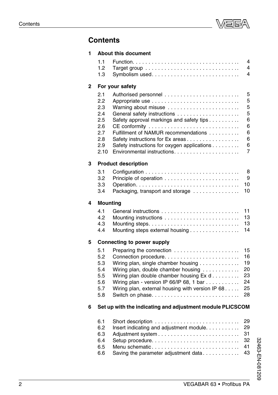 VEGA VEGABAR 63 Proﬁbus PA User Manual | Page 2 / 76