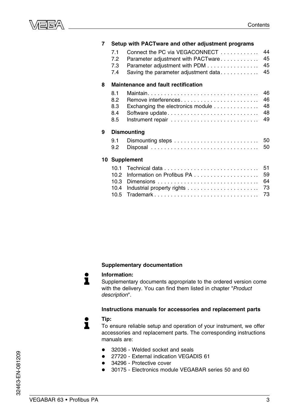 VEGA VEGABAR 63 Proﬁbus PA User Manual | Page 3 / 76