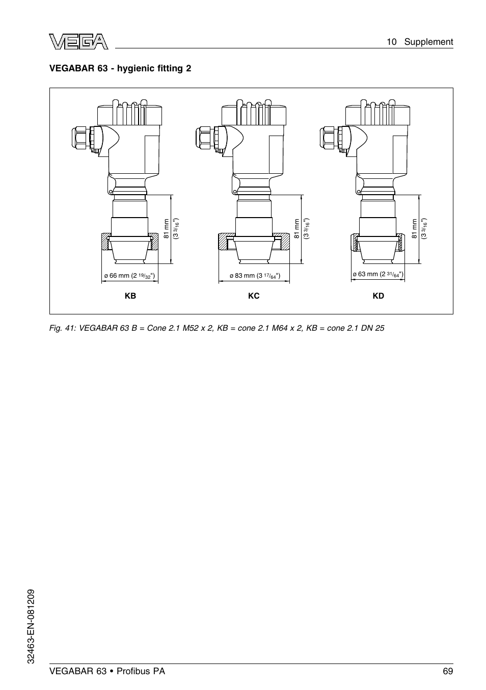 Vegabar 63 - hygienic ﬁtting 2 | VEGA VEGABAR 63 Proﬁbus PA User Manual | Page 69 / 76