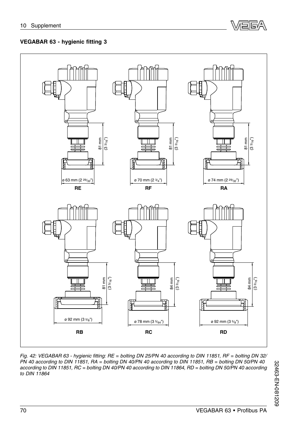 Vegabar 63 - hygienic ﬁtting 3 | VEGA VEGABAR 63 Proﬁbus PA User Manual | Page 70 / 76