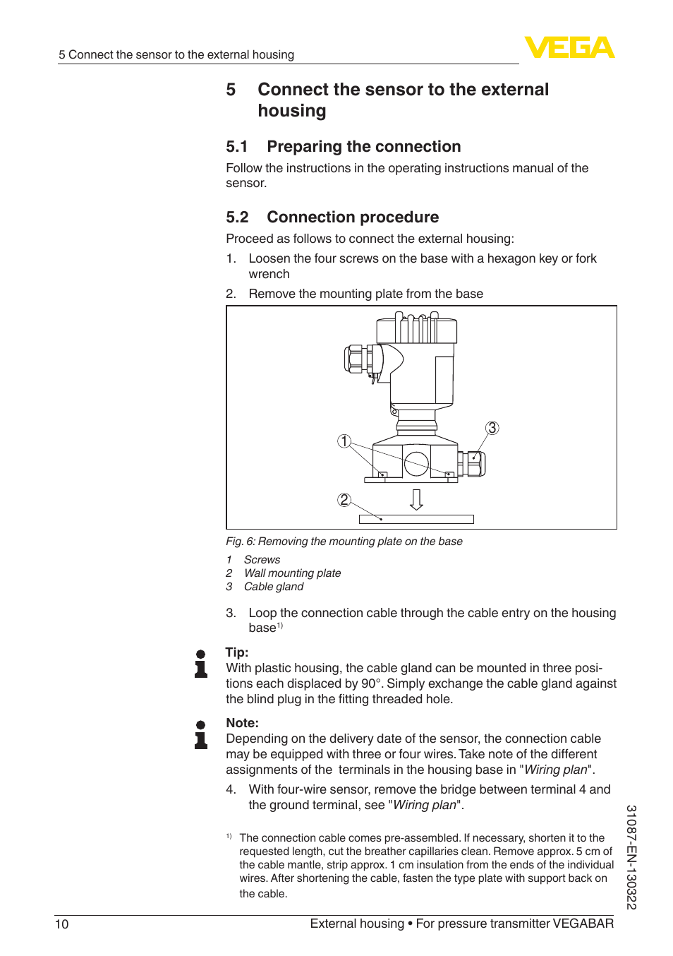 5 connect the sensor to the external housing, 1 preparing the connection, 2 connection procedure | VEGA VEGABAR External housing User Manual | Page 10 / 20