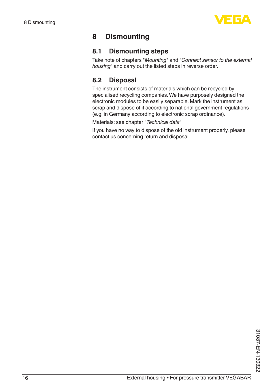 8 dismounting | VEGA VEGABAR External housing User Manual | Page 16 / 20