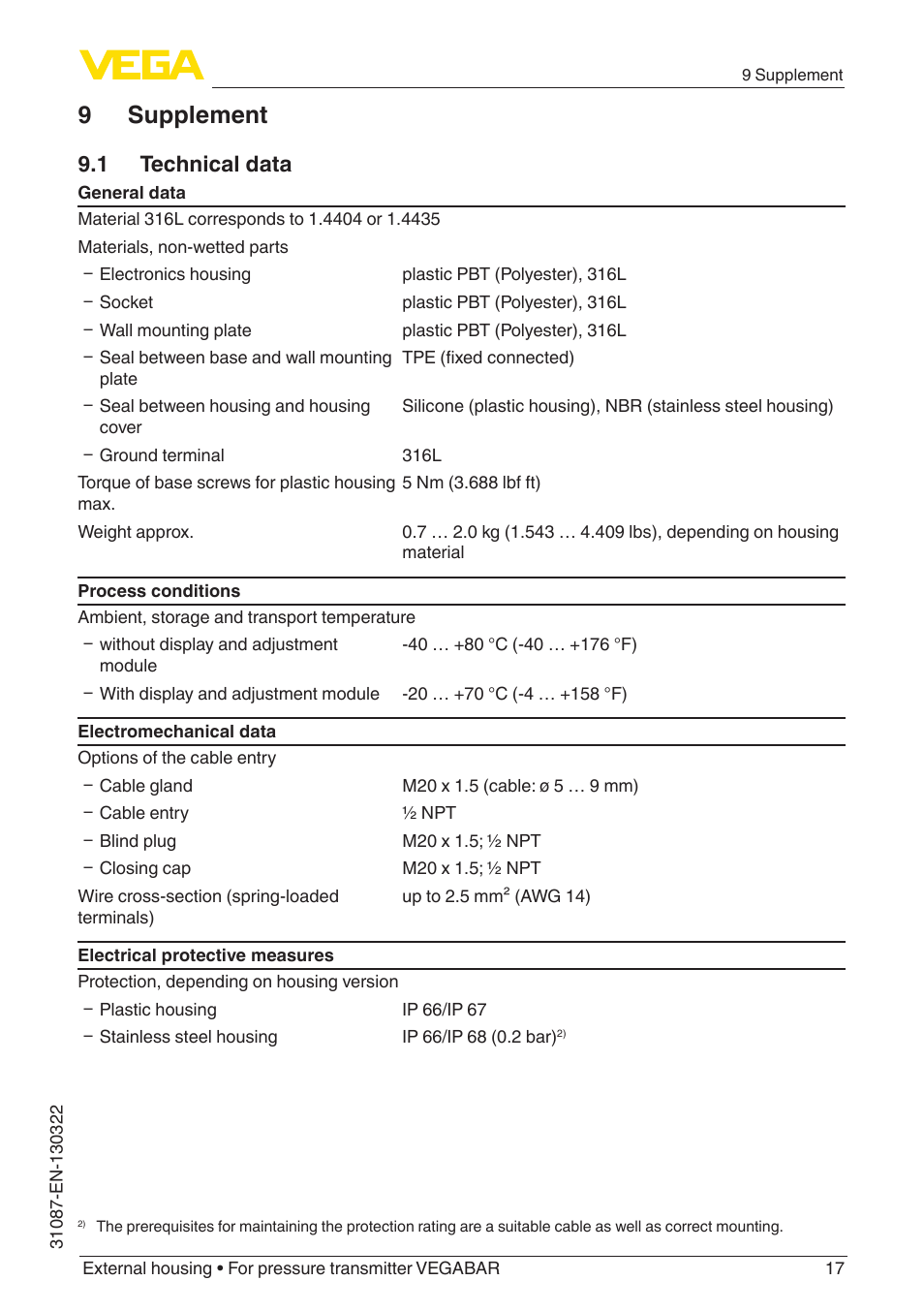 9 supplement, 1 technical data | VEGA VEGABAR External housing User Manual | Page 17 / 20