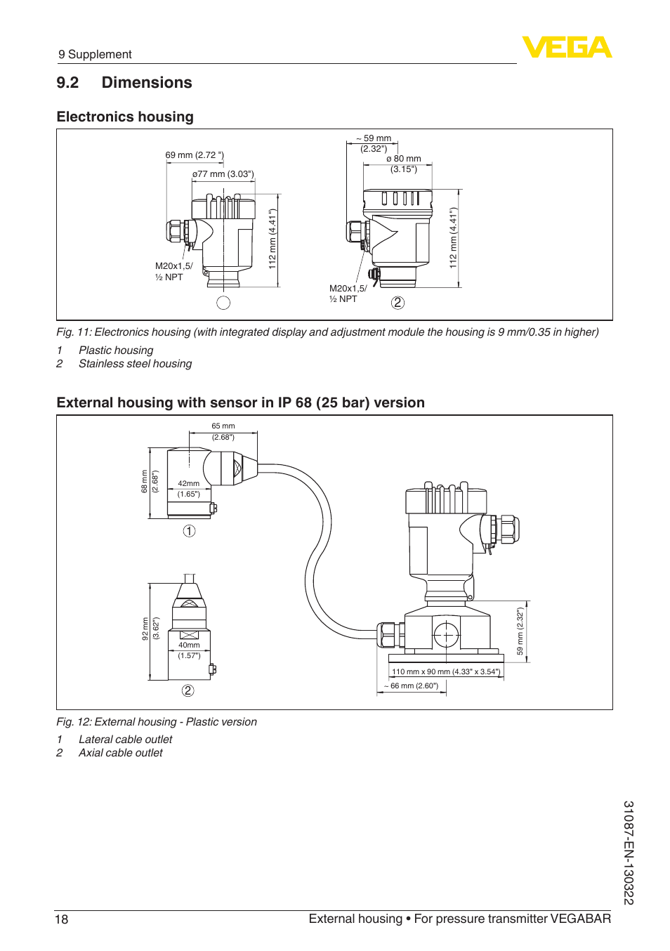 2 dimensions, Electronics housing, 9 supplement | VEGA VEGABAR External housing User Manual | Page 18 / 20