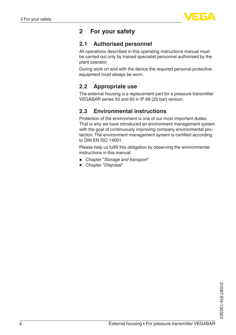 2 for your safety | VEGA VEGABAR External housing User Manual | Page 4 / 20
