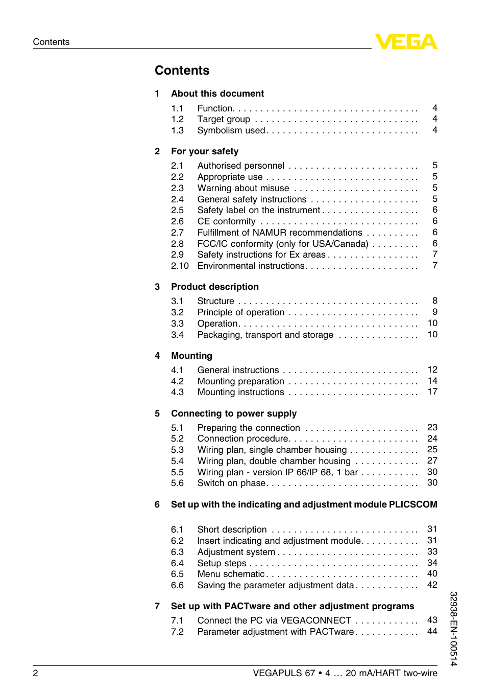 VEGA VEGAPULS 67 (≥ 2.0.0 - ≤ 3.8) 4 … 20 mA_HART two-wire User Manual | Page 2 / 64