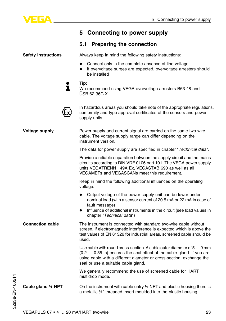 5 connecting to power supply, 1 preparing the connection, 5connecting to power supply | VEGA VEGAPULS 67 (≥ 2.0.0 - ≤ 3.8) 4 … 20 mA_HART two-wire User Manual | Page 23 / 64