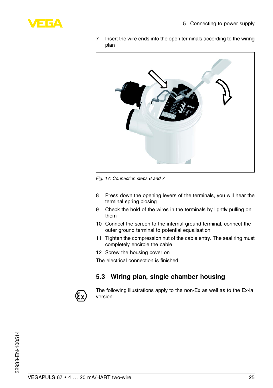 3 wiring plan, single chamber housing | VEGA VEGAPULS 67 (≥ 2.0.0 - ≤ 3.8) 4 … 20 mA_HART two-wire User Manual | Page 25 / 64