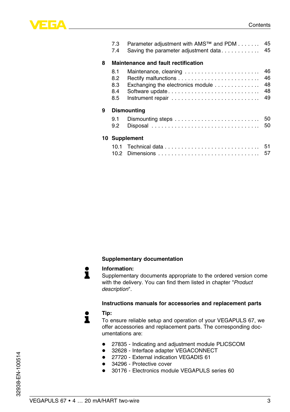 VEGA VEGAPULS 67 (≥ 2.0.0 - ≤ 3.8) 4 … 20 mA_HART two-wire User Manual | Page 3 / 64