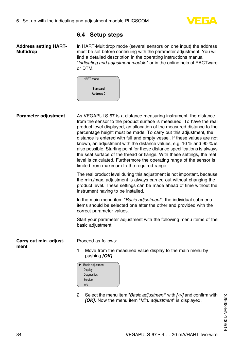 4 setup steps | VEGA VEGAPULS 67 (≥ 2.0.0 - ≤ 3.8) 4 … 20 mA_HART two-wire User Manual | Page 34 / 64