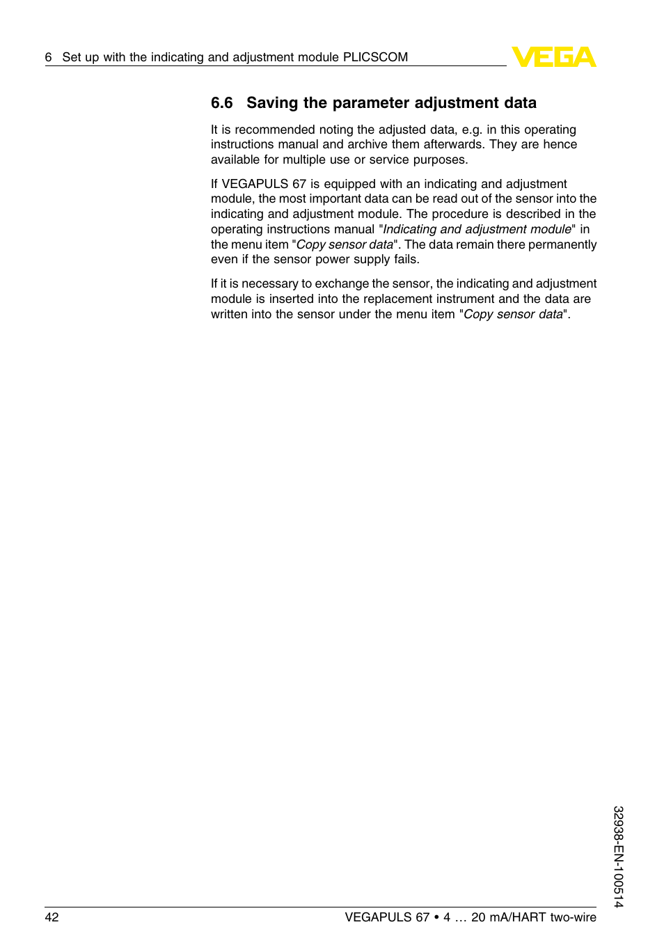 6 saving the parameter adjustment data | VEGA VEGAPULS 67 (≥ 2.0.0 - ≤ 3.8) 4 … 20 mA_HART two-wire User Manual | Page 42 / 64