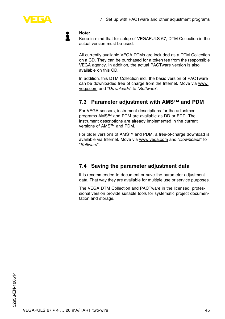3 parameter adjustment with ams™ and pdm, 4 saving the parameter adjustment data | VEGA VEGAPULS 67 (≥ 2.0.0 - ≤ 3.8) 4 … 20 mA_HART two-wire User Manual | Page 45 / 64