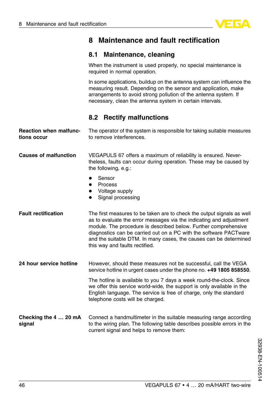 8 maintenance and fault rectification, 1 maintenance, cleaning, 2 rectify malfunctions | 8maintenance and fault rectiﬁcation | VEGA VEGAPULS 67 (≥ 2.0.0 - ≤ 3.8) 4 … 20 mA_HART two-wire User Manual | Page 46 / 64