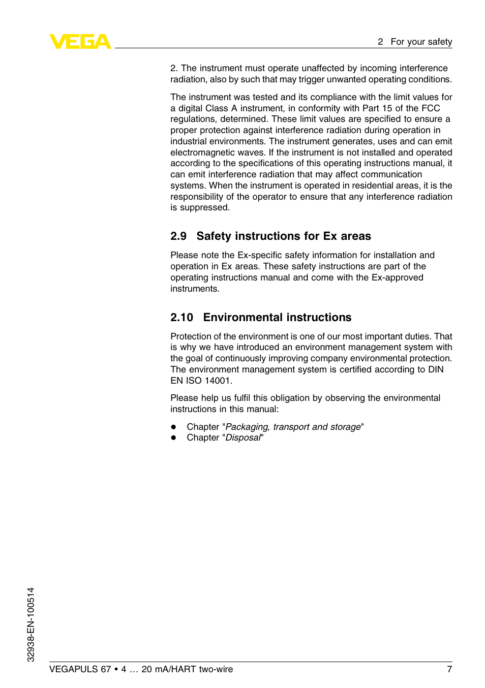 9 safety instructions for ex areas, 10 environmental instructions | VEGA VEGAPULS 67 (≥ 2.0.0 - ≤ 3.8) 4 … 20 mA_HART two-wire User Manual | Page 7 / 64