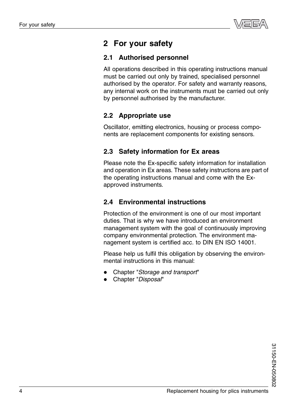 2 for your safety, 1 authorised personnel, 2 appropriate use | 4 environmental instructions | VEGA Replacement housing for plics instruments User Manual | Page 4 / 16