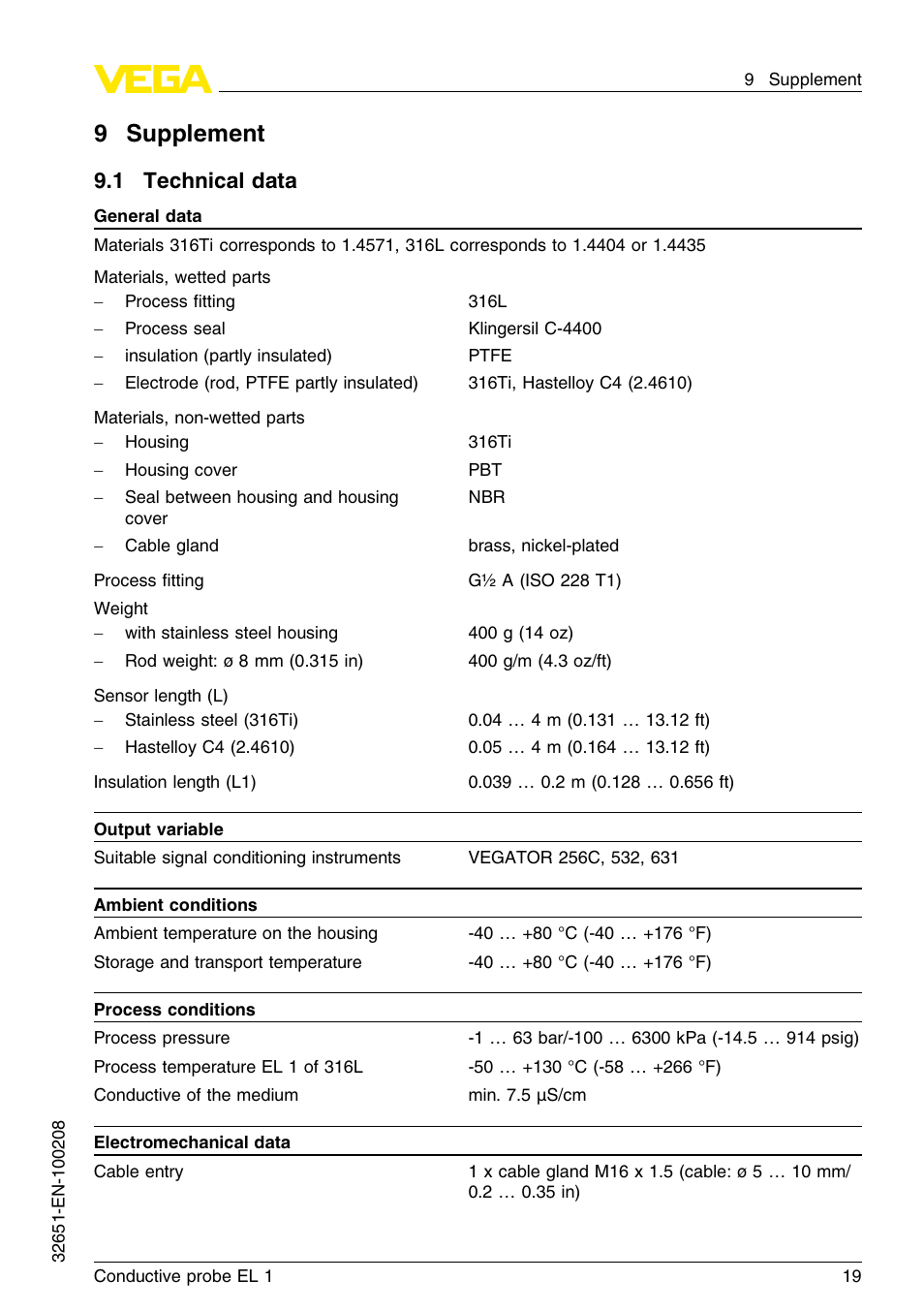9 supplement, 1 technical data, 9supplement | VEGA EL 1 Conductive probe User Manual | Page 19 / 24