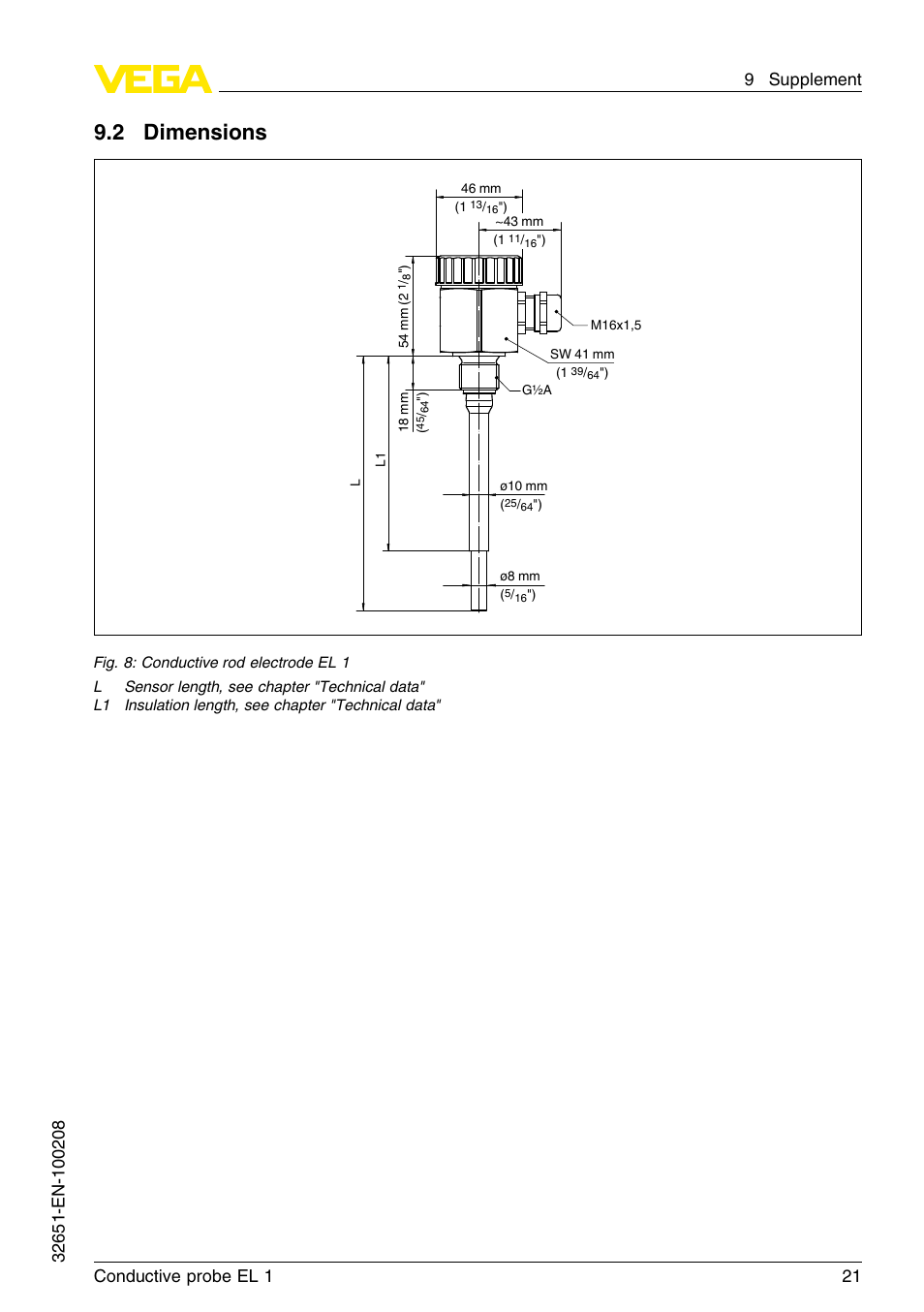 2 dimensions | VEGA EL 1 Conductive probe User Manual | Page 21 / 24