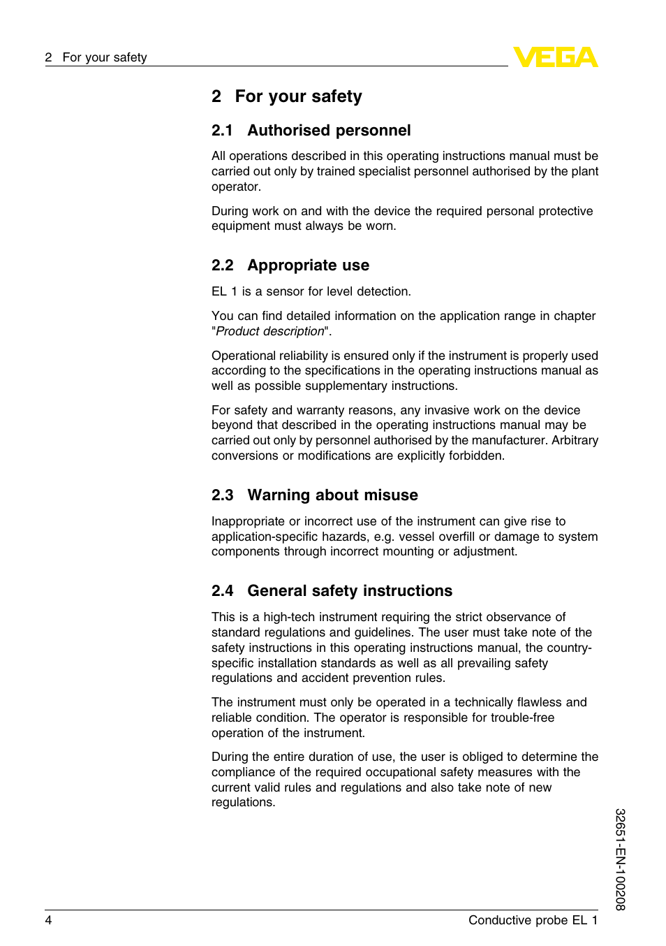 2 for your safety, 1 authorised personnel, 2 appropriate use | 3 warning about misuse, 4 general safety instructions, 2for your safety | VEGA EL 1 Conductive probe User Manual | Page 4 / 24