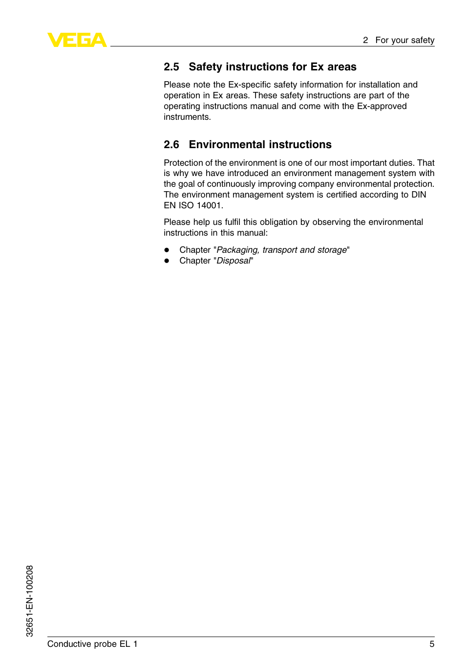 5 safety instructions for ex areas, 6 environmental instructions | VEGA EL 1 Conductive probe User Manual | Page 5 / 24