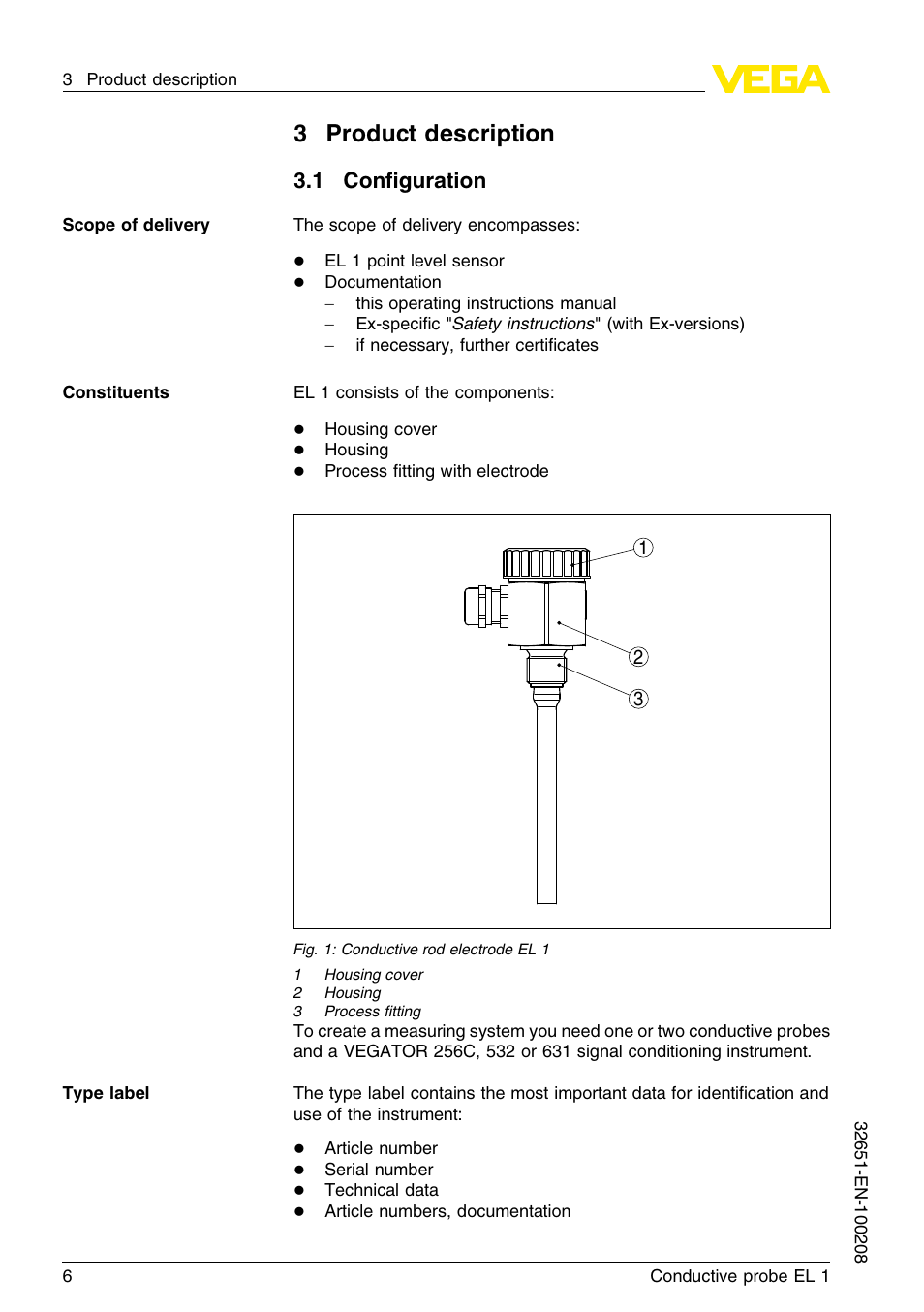3 product description, 1 configuration, 3product description | 1 conﬁguration | VEGA EL 1 Conductive probe User Manual | Page 6 / 24