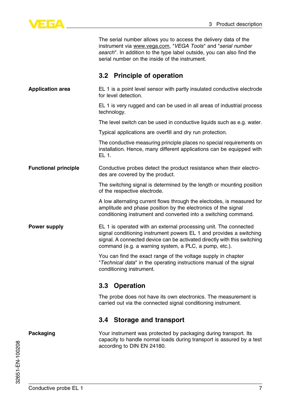 2 principle of operation, 3 operation, 4 storage and transport | VEGA EL 1 Conductive probe User Manual | Page 7 / 24