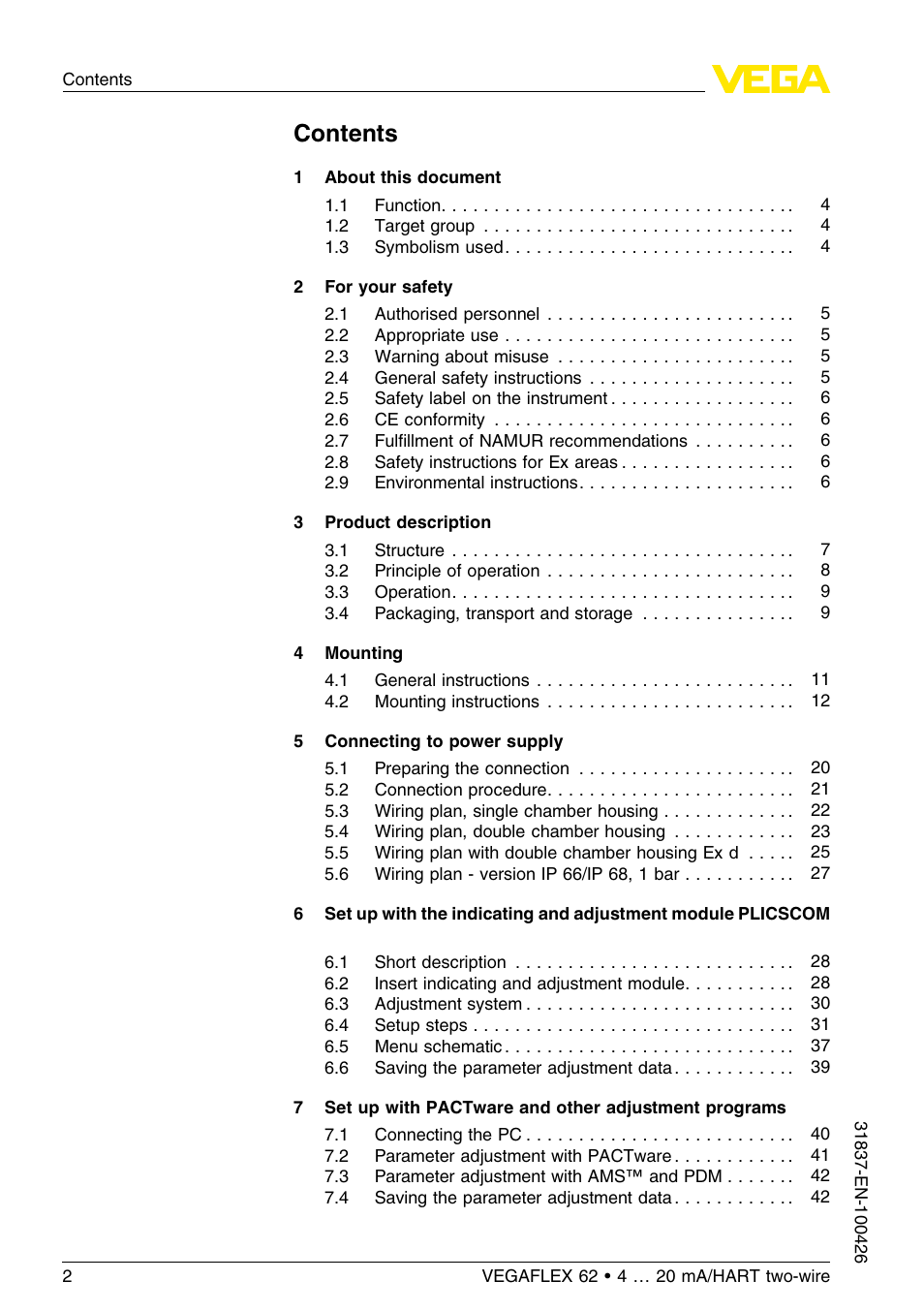 VEGA VEGAFLEX 62 4 … 20 mA_HART two-wire User Manual | Page 2 / 64