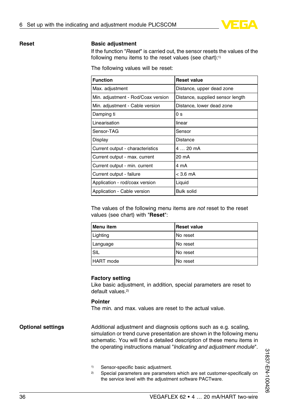 VEGA VEGAFLEX 62 4 … 20 mA_HART two-wire User Manual | Page 36 / 64