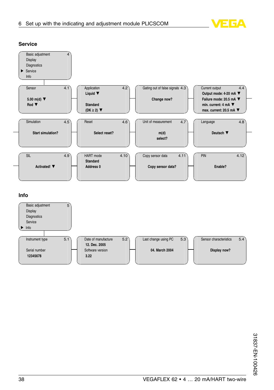 Service, Info | VEGA VEGAFLEX 62 4 … 20 mA_HART two-wire User Manual | Page 38 / 64