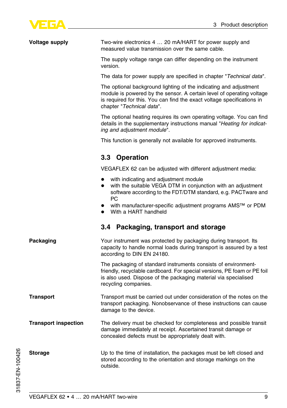3 operation, 4 packaging, transport and storage | VEGA VEGAFLEX 62 4 … 20 mA_HART two-wire User Manual | Page 9 / 64