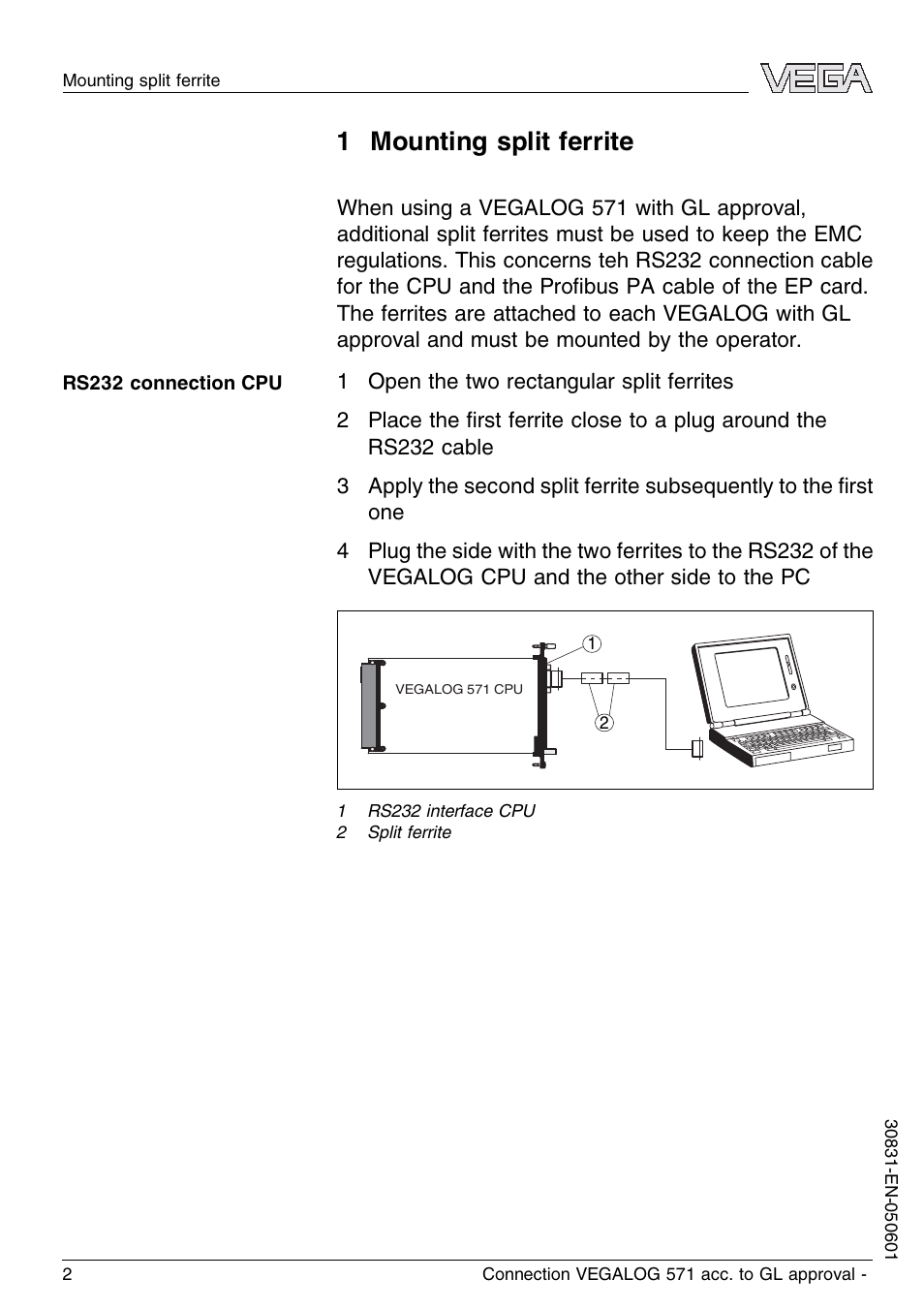 1 allgemeien sicherheitshinweise, 2 sicherheitshinweise für exbereiche, 1 mounting split ferrite | VEGA VEGALOG 571 acc. to GL approval User Manual | Page 2 / 4