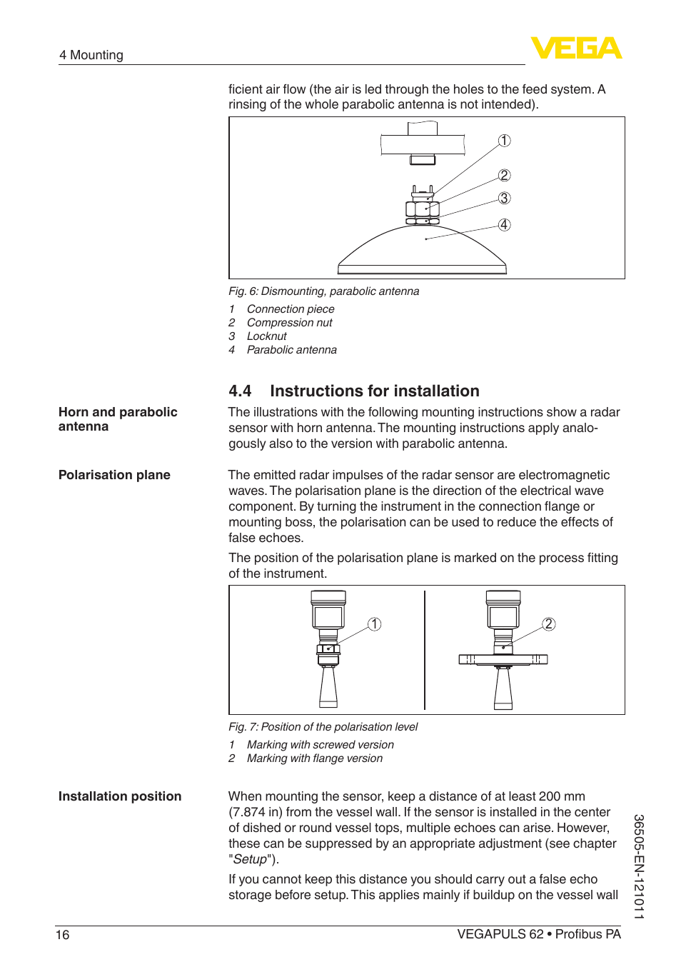 4 instructions for installation | VEGA VEGAPULS 62 (≥ 2.0.0 - ≥ 4.0.0) Profibus PA User Manual | Page 16 / 88