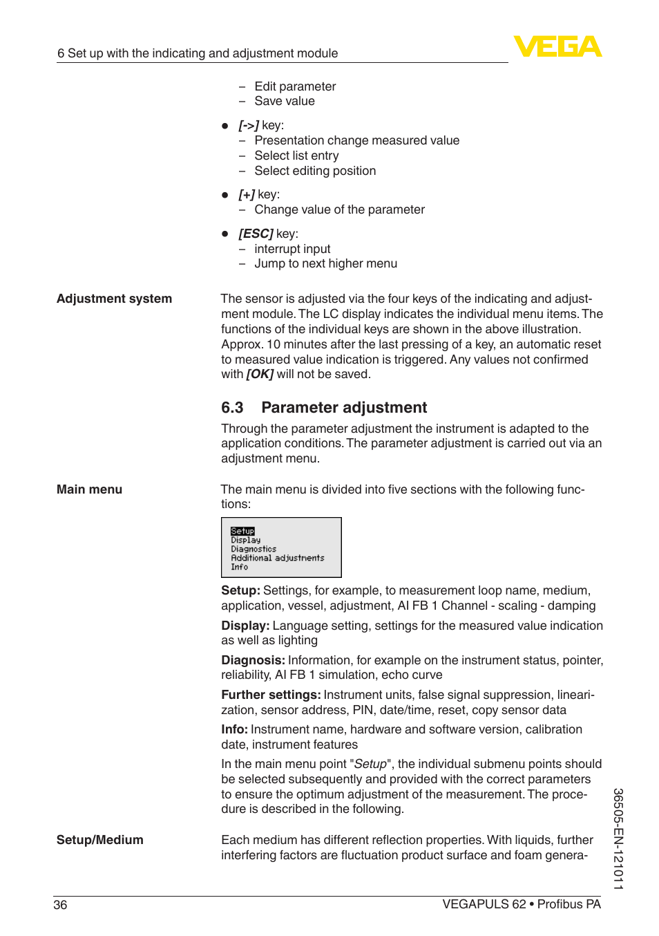 3 parameter adjustment | VEGA VEGAPULS 62 (≥ 2.0.0 - ≥ 4.0.0) Profibus PA User Manual | Page 36 / 88