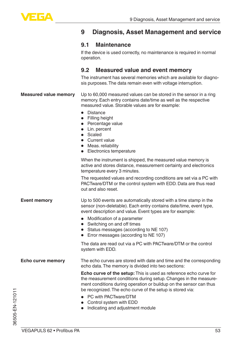 9 diagnosis, asset management and service, 1 maintenance, 2 measured value and event memory | VEGA VEGAPULS 62 (≥ 2.0.0 - ≥ 4.0.0) Profibus PA User Manual | Page 53 / 88