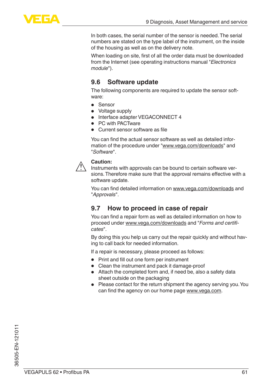 6 software update, 7 how to proceed in case of repair | VEGA VEGAPULS 62 (≥ 2.0.0 - ≥ 4.0.0) Profibus PA User Manual | Page 61 / 88