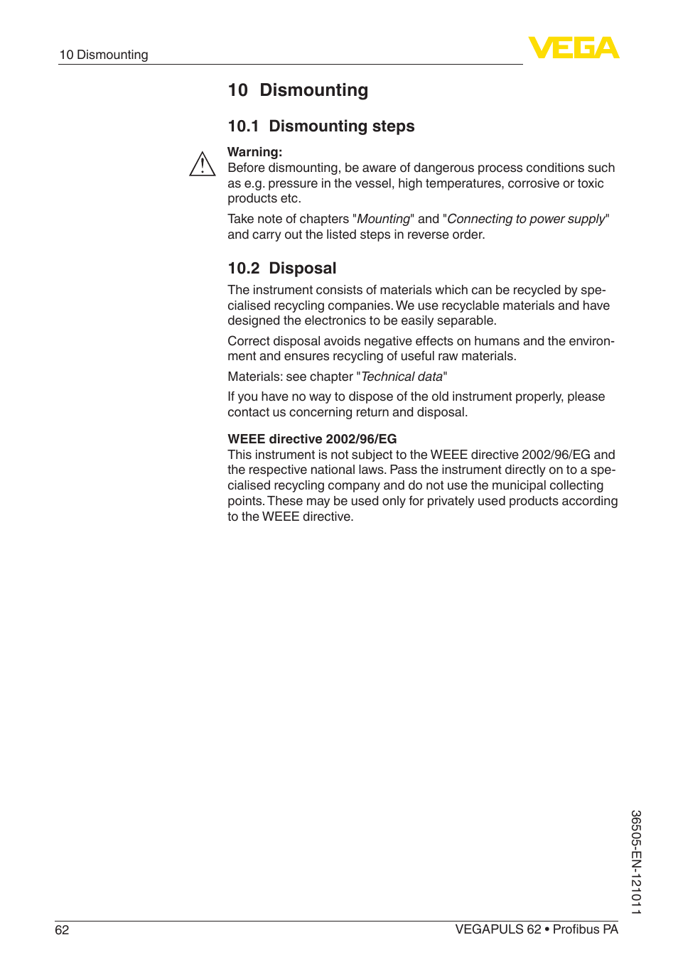 10 dismounting, 1 dismounting steps, 2 disposal | VEGA VEGAPULS 62 (≥ 2.0.0 - ≥ 4.0.0) Profibus PA User Manual | Page 62 / 88