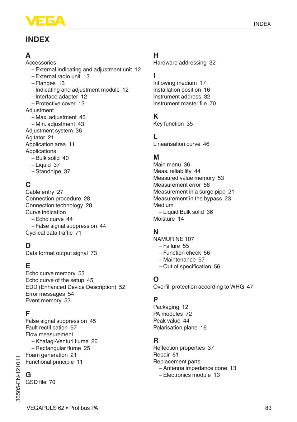 Index | VEGA VEGAPULS 62 (≥ 2.0.0 - ≥ 4.0.0) Profibus PA User Manual | Page 83 / 88