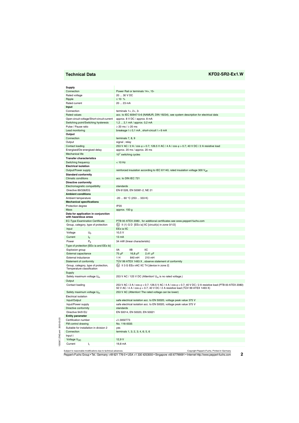 Technical data kfd2-sr2-ex1.w | VEGA KFD2-SR2-Ex1.W User Manual | Page 2 / 3