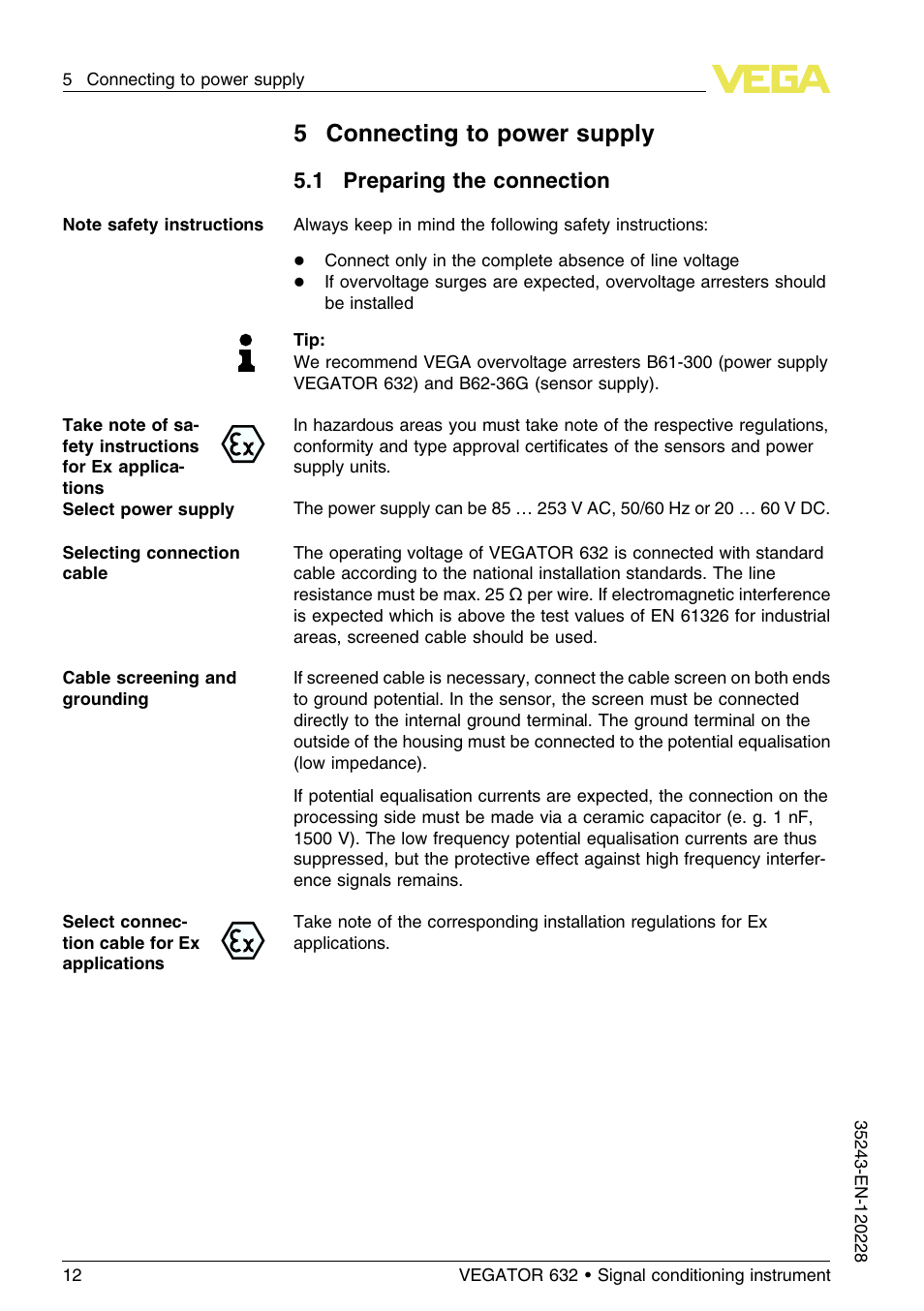 5 connecting to power supply, 1 preparing the connection, 5connecting to power supply | VEGA VEGATOR 632 User Manual | Page 12 / 60