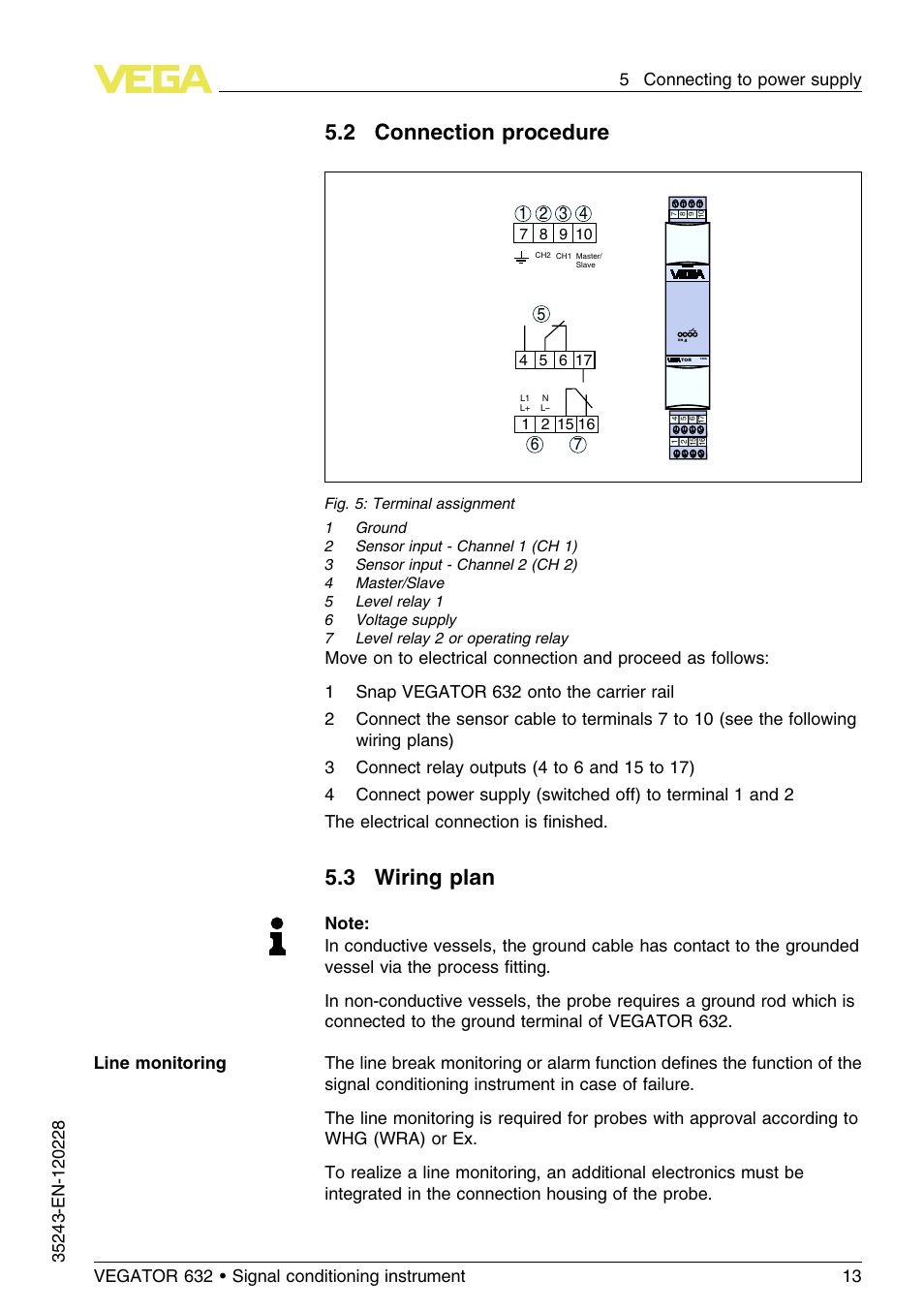 2 connection procedure, 3 wiring plan | VEGA VEGATOR 632 User Manual | Page 13 / 60