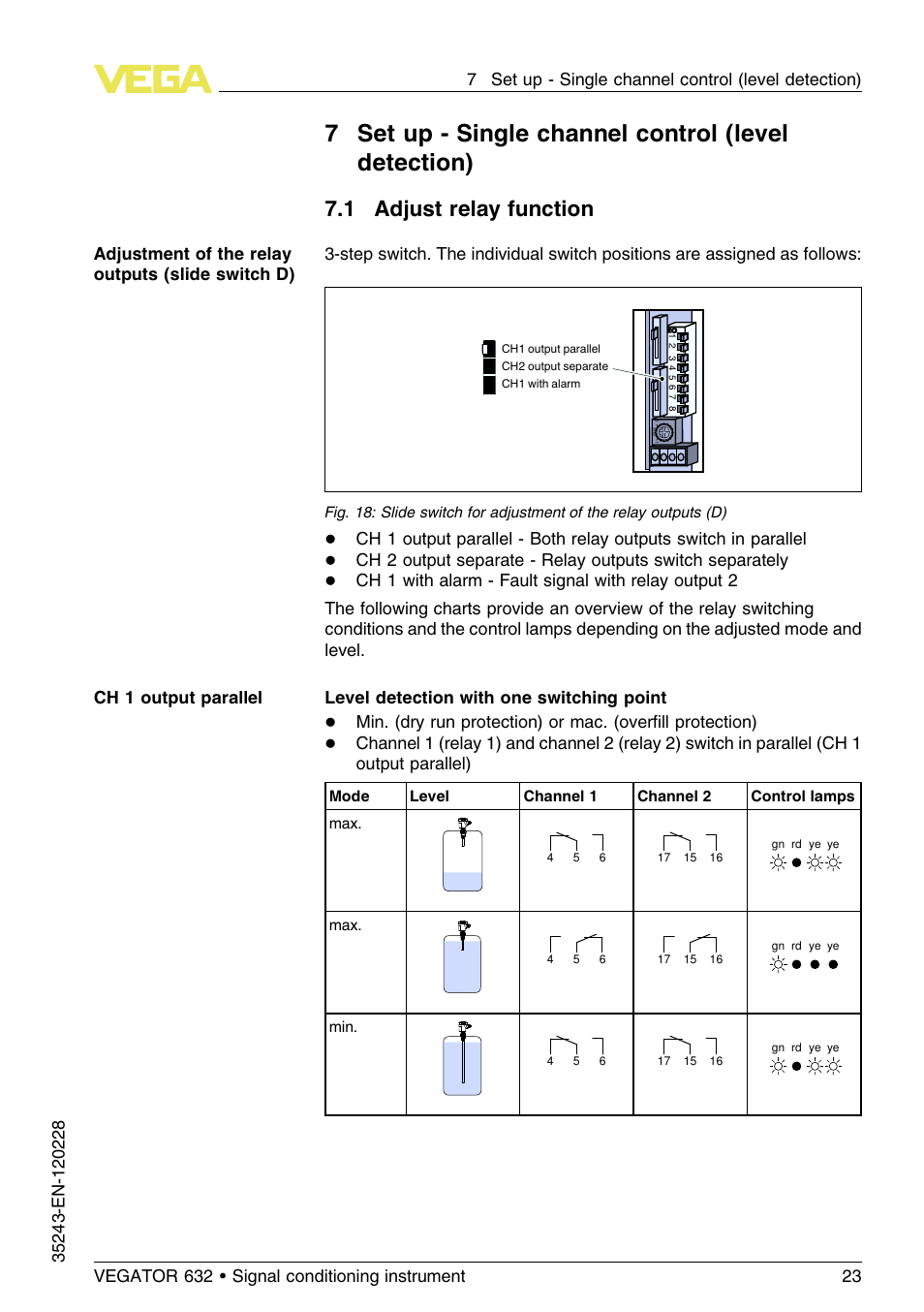 1 adjust relay function, 7set up - single channel control (level detection) | VEGA VEGATOR 632 User Manual | Page 23 / 60