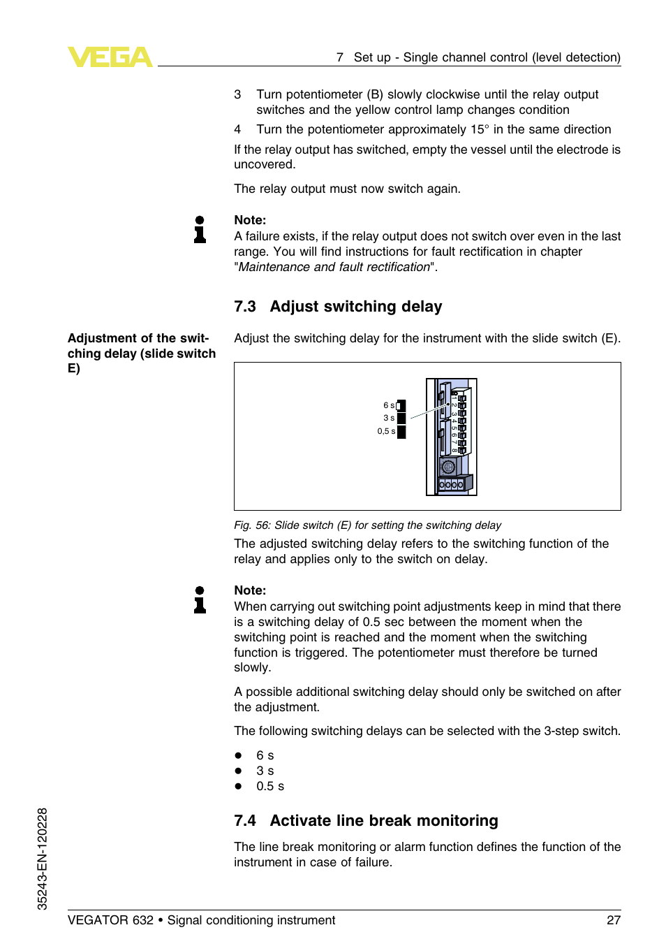 3 adjust switching delay, 4 activate line break monitoring | VEGA VEGATOR 632 User Manual | Page 27 / 60