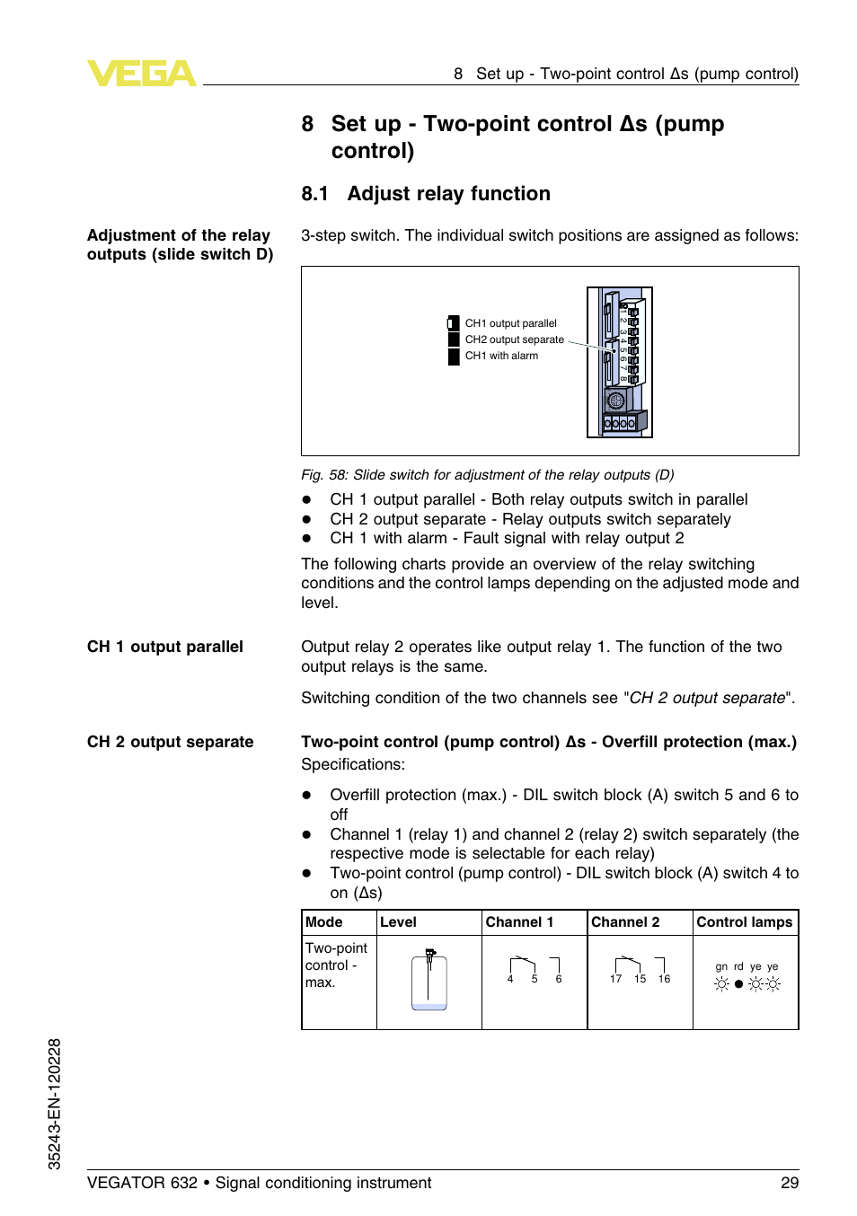 8 set up – two–point control δs (pump control), 1 adjust relay function, 8set up - two-point control δs (pump control) | VEGA VEGATOR 632 User Manual | Page 29 / 60