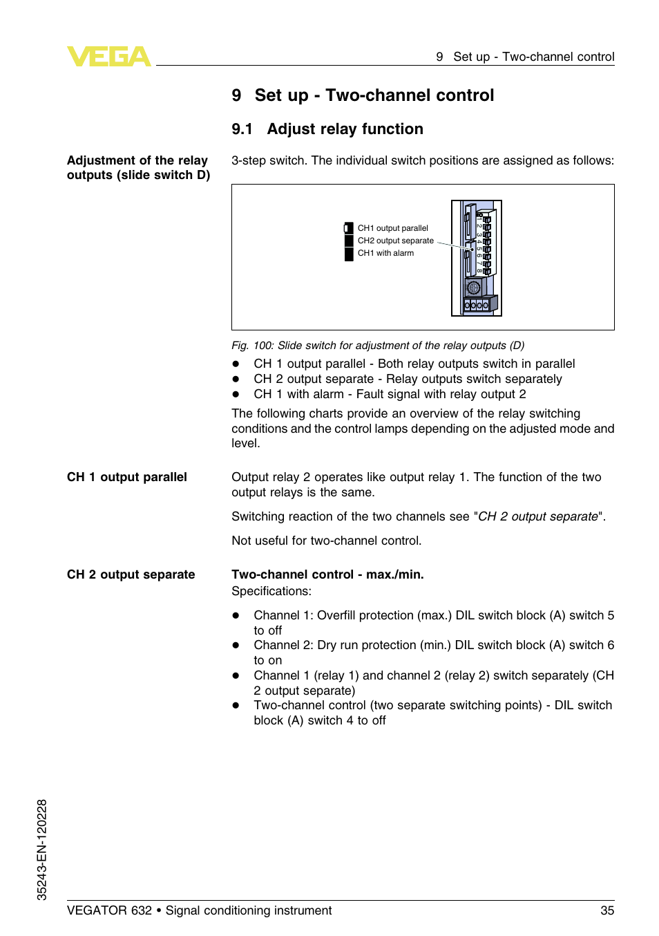 9 set up – two–channel control, 1 adjust relay function, 9set up - two-channel control | VEGA VEGATOR 632 User Manual | Page 35 / 60