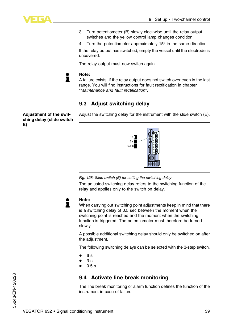 3 adjust switching delay, 4 activate line break monitoring | VEGA VEGATOR 632 User Manual | Page 39 / 60